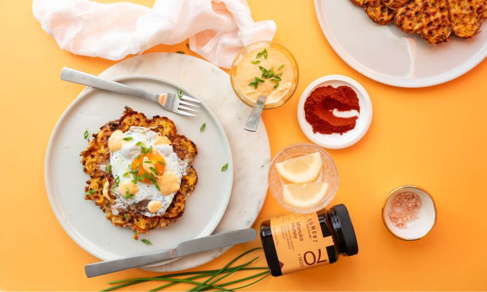 Egmont Honey Potato Waffles with Sriracha Dipping Sauce