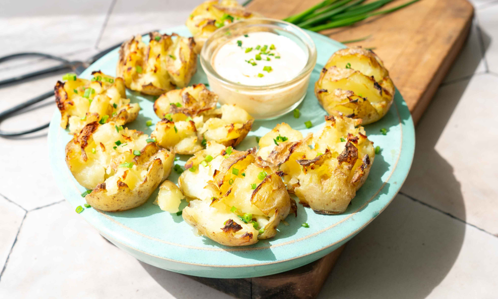 Egmont Honey Smashed Potatoes with Hot Honey Mayo