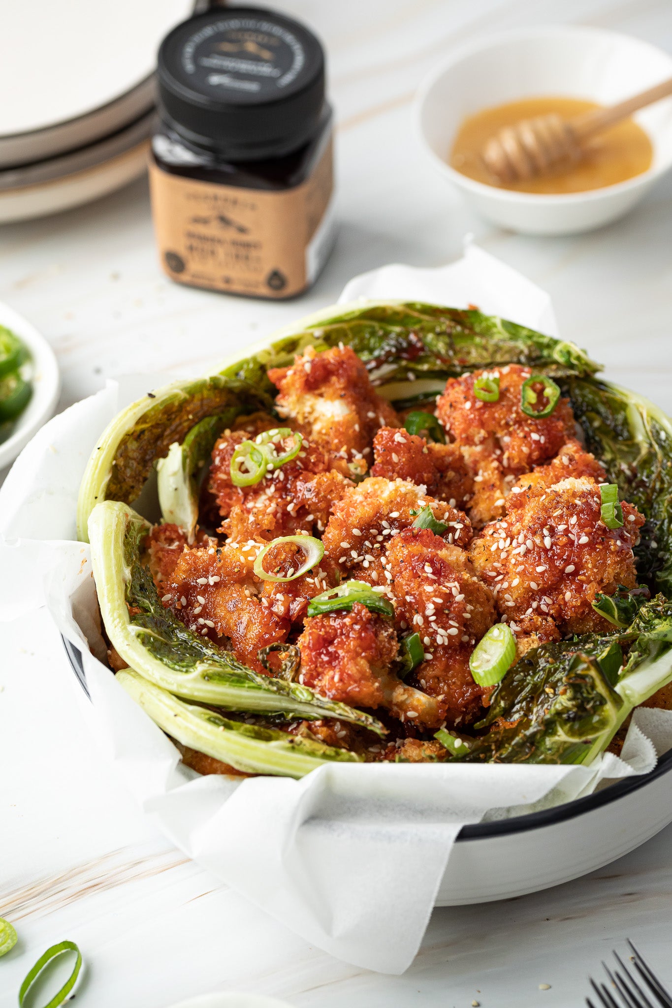 Egmont Honey – Spiced honey panko cauliflower bites w/ crispy leaves